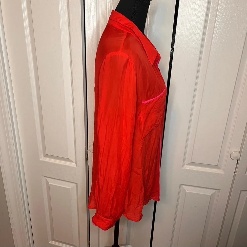 {tl} the letter L 100% Silk Long Sleeve Blouse Red Pink Button Front Pockets